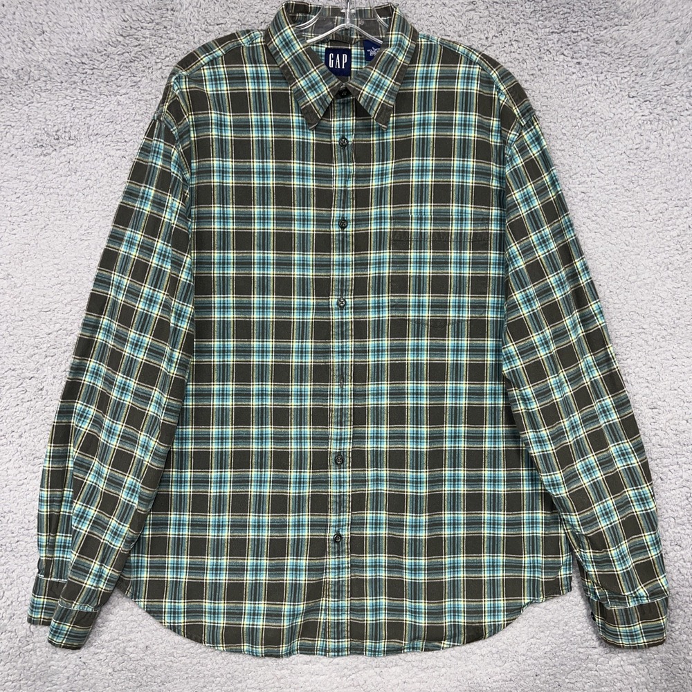 VTG‎ Gap Shirt Men's Size Large Green Flannel Plaid Button Down Pocket 90s